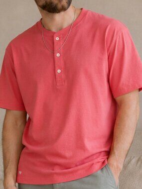 Brooks Brothers 1818 Coral Pink 100% Cotton Henley T-Shirt Short Sleeve Casual L